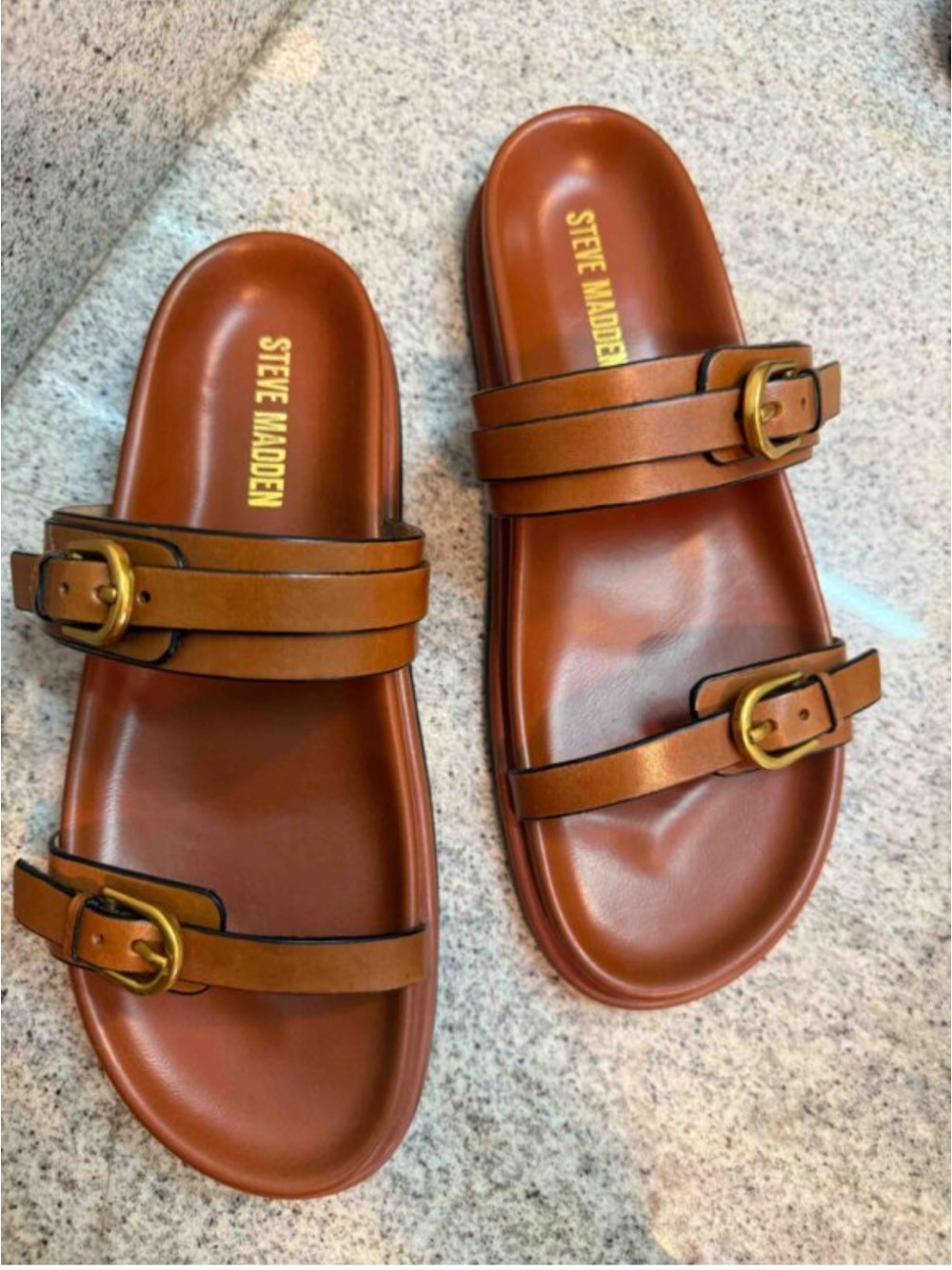 NEW Steve Madden genuine leather Brown Double-Buckle Slide Sandals size 7